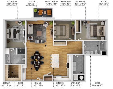Floor plan for 3 beds, 2 baths, 1432 sqft